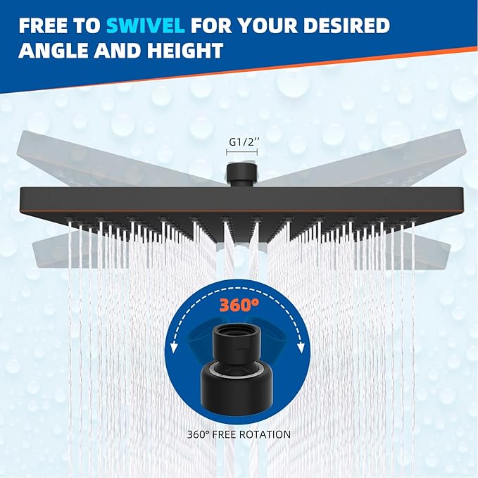 Hibbent Thickness Metal Rain Shower Head, 12 Inch High Pressure Shower Heads, Large Bathroom Rainfall Shower Head with Adjustable Brass Ball Joint, Waterfall Full Body Coverage, Oil Rubbed Bronze
