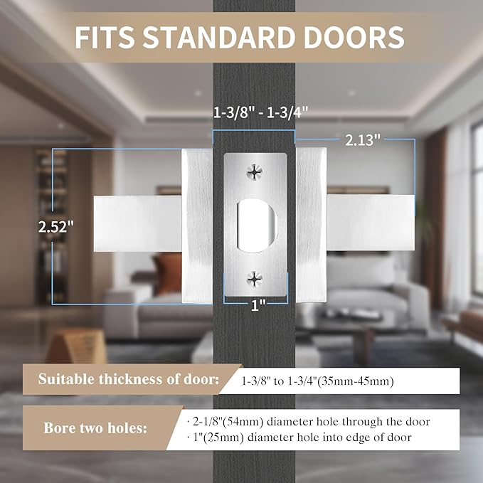 Square Passage Door Lever, Heavy Duty Interior Door Handles for Hallway& Closet Non-Locking Door Knob in Satin Nickel Keyless Door Lockset for Right & Left Side Door, 2 Pack