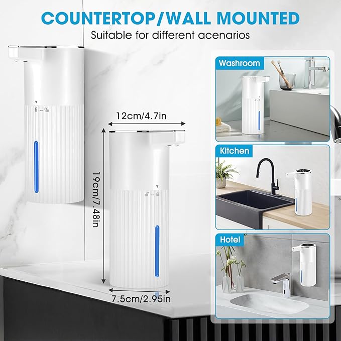 4 Pack Touchless Automatic Soap Dispenser, Smart Sensor Foam Hand Wash Dispenser, USB Rechargeable & Adjustable Customizable for Bathroom Countertop Kitchen Sink, 13.5 oz White Stripes