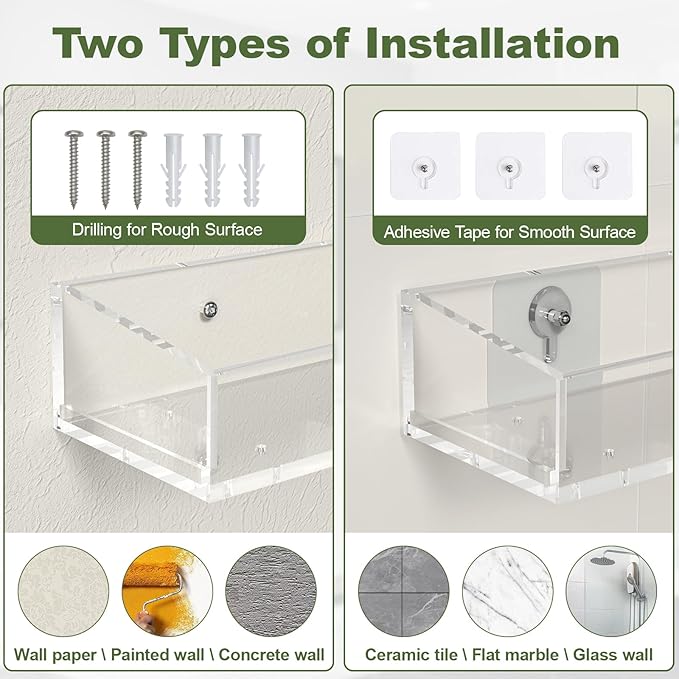2PCS Acrylic Floating Shelves for Wall, 15" Clear Acrylic Shelves, Bathroom Shelf with Two Types of Installation, Space Saving Hanging Wall Shelf for Bathroom, Living Room, Bedroom, Kitchen