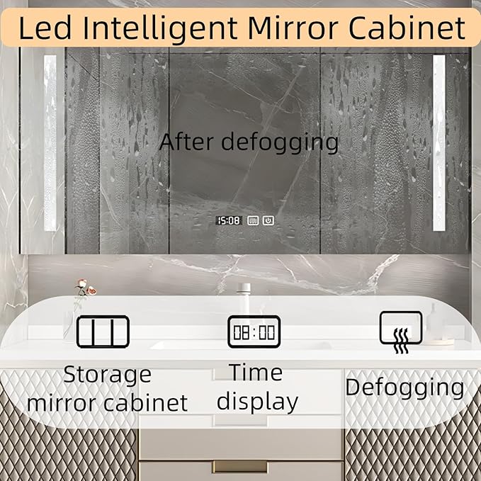 64IN Modern Bathroom Vanity - Wall-Mounted Bathroom Cabinet with LED Light | Intelligent Defogging Mirror Cabinet Includes Time Display Function, 2 Drawers & 2 Storage Cabinets (Style B)