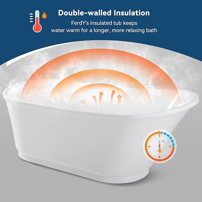FerdY Langkawi 67" Acrylic Freestanding Bathtub, White Modern Stand Alone Soaking Bathtub, cUPC Certified, Polished White Drain and Minimalist Linear Design Overflow Included, Easy to Install, 02568T
