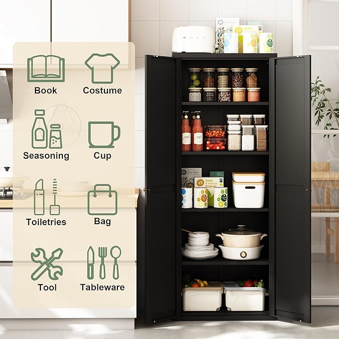 71" Tall Kitchen Pantry Storage Cabinet,Black Metal Storage Cabinets with Doors and Adjustable Shelves,5 Tier Kitchen Cupboard for Dining Room Office Bathroom