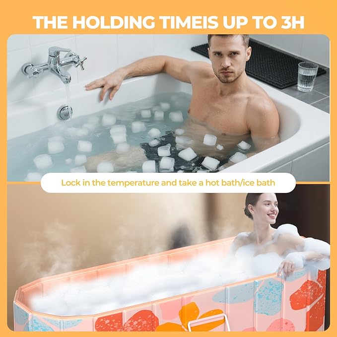 Portable Bathtub for Adults 47" Large Foldable No-Installation Soaking Tub for Shower Stall, Collapsible Standing Plunge Bath with Lid, 5-Layer Insulated Liner, Fast Drain (Pink, 47.2"×21.6"×19.6")