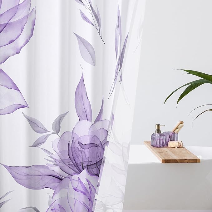 Small Stall Boho Watercolor Floral Shower Curtain 36 x 72, Purple and Grey Ink Painting Style Flower Shower Curtains for Chic Elegant Bathroom, Artistic Narrow Half Size Shower Curtain