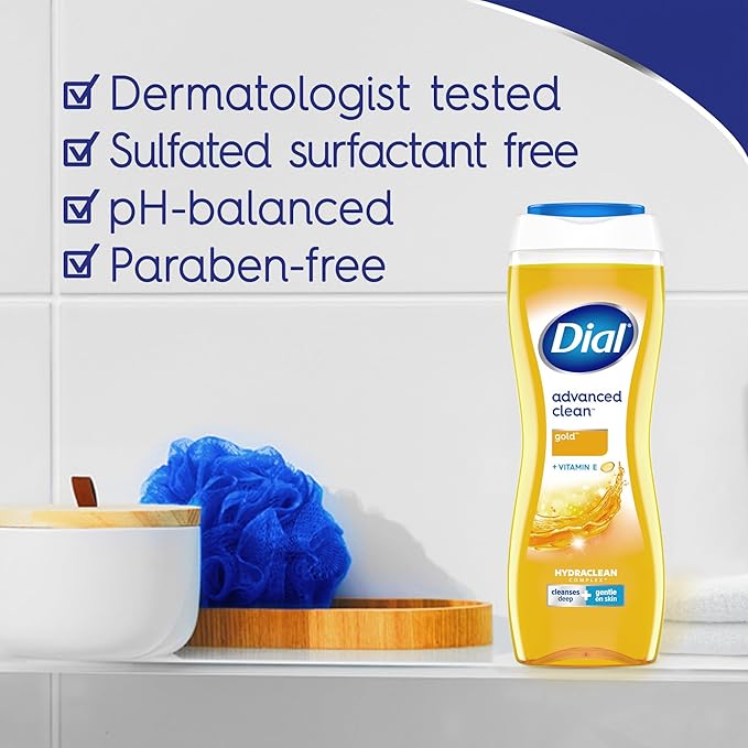 Dial Body Wash, Advanced Clean Gold, 16 Fl Oz, Pack of 4, Hydraclean Complex & Vitamin E, Gentle, Leaves Skin Feeling Nourished, Dermatologist-Tested, No Parabens & Sulfates
