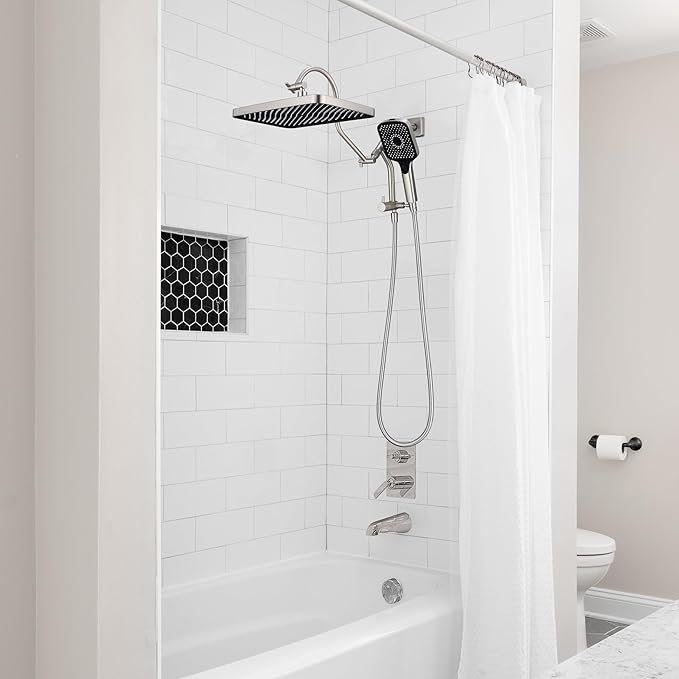 13 Inch Rainfall Shower Head with Multi-Function Handheld Sprayer Combo, 3-Way Metal Extended Diverter with Holder and Metal Adjustable Curved Shower Extension Arm, Extra Long Hose Brushed Nicke
