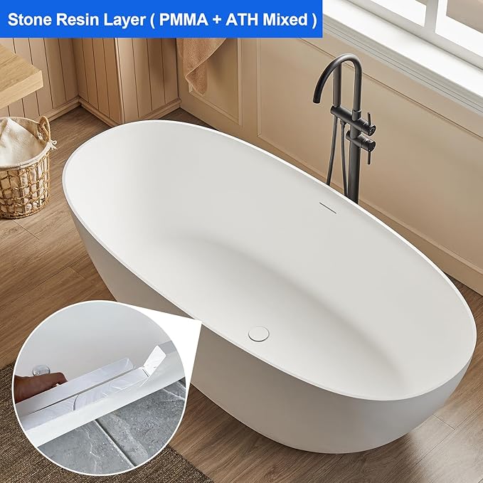 Cpingao 71" Stone Resin Freestanding Bathtub, Contemporary Oval Stand Alone Soaking Tubs, Solid Surface Bathtub with Drain & Integrated Slotted Overflow Matte White 8845-1800