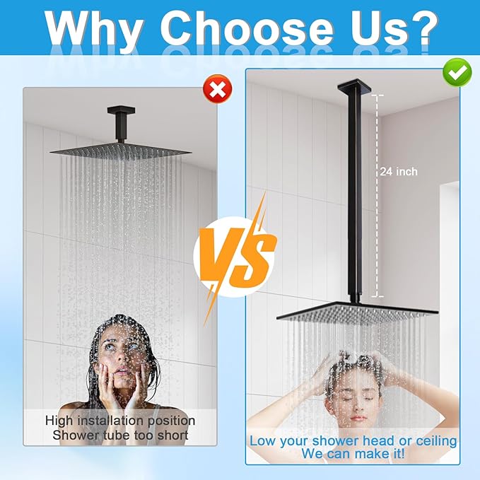 Shower Arm with Flange 24 Inches Ceiling Mount Square Straight Extender Extension Pipe Replacement, Extra Long Shower Arm For Fixed Rain Shower Head or High Ceiling, Oil-Rubbed Bronze