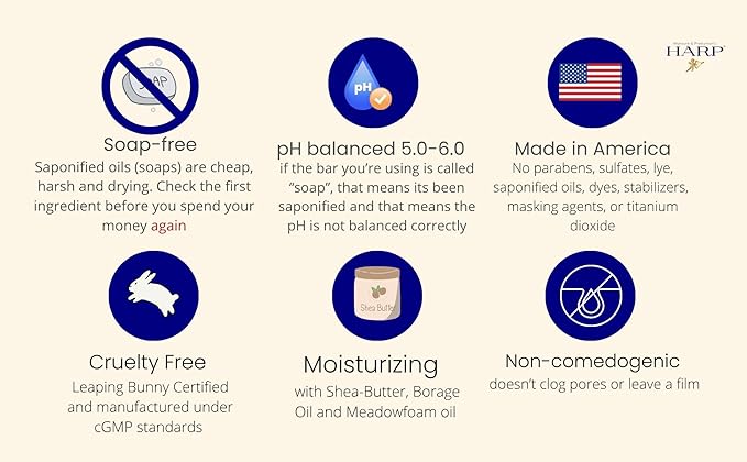 HARP pH-Balanced (5.0-6.0) Body Wash Bar. 100% Syndet. Protects Moisture Barrier For Sensitive, Dry or Irritated skin. + Shea Butter/Borage Oil. Non-Comedogenic. VANILLA LAVENDER FRAGRANCE