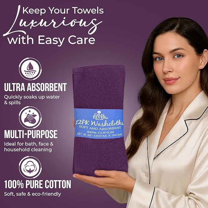 DAN RIVER 12 Pack Wash Cloths for Showering [12x12] - 100% Cotton Washcloths Premium Quality Flannel Face Cloths for Bathroom, Highly Absorbent and Soft Feel Wash Clothes, Purple Passion