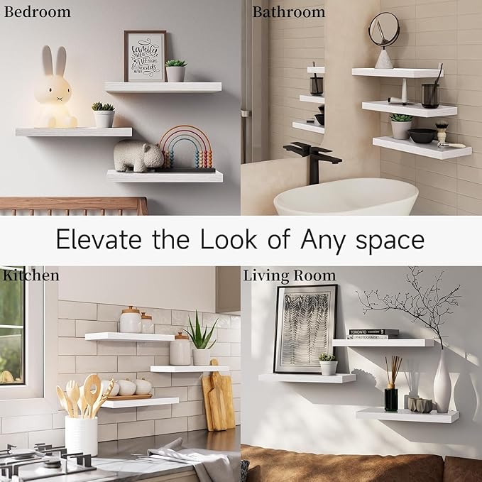 BAYKA White Floating Shelves for Wall – Rustic Wood Wall Shelves with Metal Brackets for Bathroom, Bedroom, Kitchen, or Living Room Decor Organization – Set of 3, Sturdy Storage with 22lb Capacity