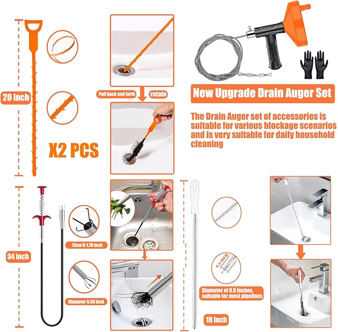 Drain Snake Auger 33 Feet, Plumbing Snake Drain Hair Clog Removal Tool, Heavy Duty Toilet Snake Auger, Sink Unclogger Drain Cleaner Tool for Bathroom Kitchen Tub Shower Drain Clog Remover with Gloves