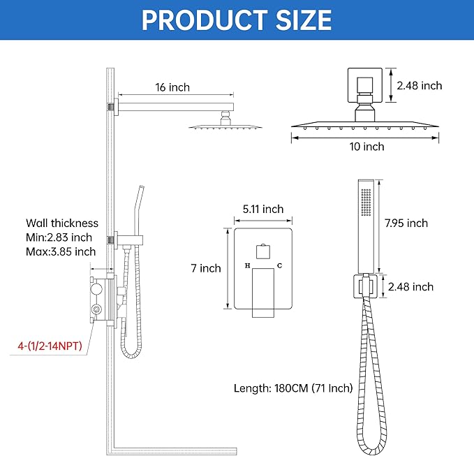 10 Inch Luxury Rain Shower Faucet Set, Matte Black Shower System with Rainfall Shower Head and Handheld Spray, SUS304 Stainless Steel and Solid Brass Wall Mounted Shower Valve Trim Kit