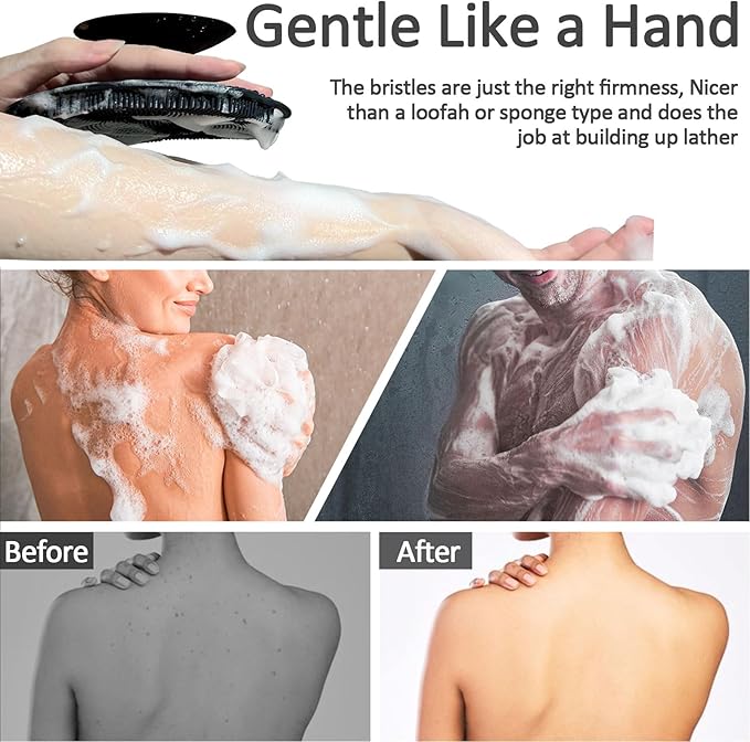 Soft Silicone Body Scrubber, Gentle Like a Hand Exfoliating Your Skin and Build Up Lather, Back Large Suction Cup Easy to Store, & Deep Clean (Body Scrubber + Face Scrubber Black)