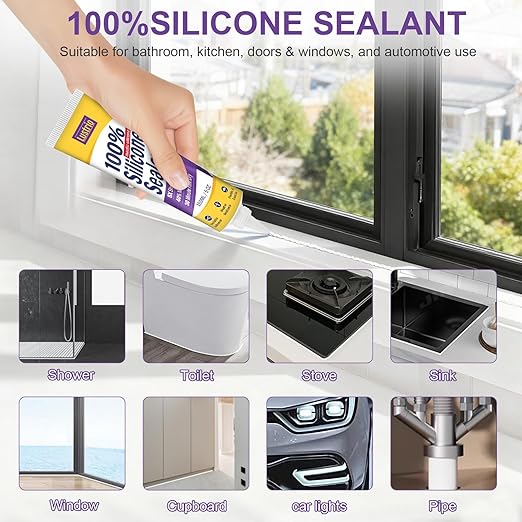 High-Strength Silicone Sealant & Adhesive - 100% Waterproof, Flexible Caulk for Kitchen, Bathroom, Shower, Window, Auto - Creates Durable, Shrink & Crack Resistant Seal 5 Oz. Tube. (Black)