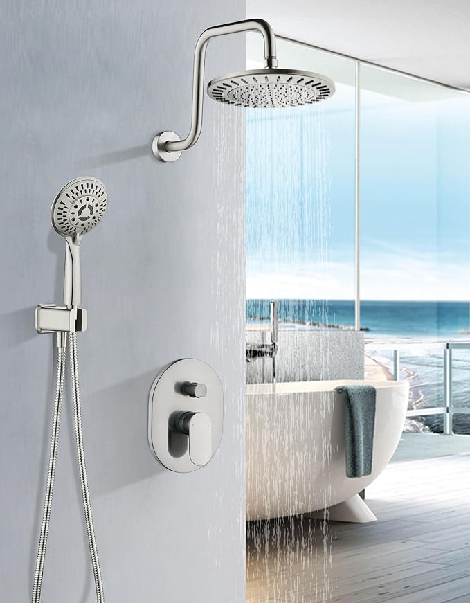 BRIGHT SHOWERS Shower Faucet Set, Shower System with Shower Valve Trim Kit, Double Handle Shower Fixture Rainfall Shower Head and 9-Setting Handheld Spray Combo, Valve Included, Brushed Nickel