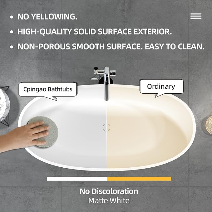 Cpingao 55" Freestanding Bathtub, Oval Shaped Stone Resin Freestanding Tubs, Solid Surface Matte White Soaking Tub with Overflow and Pop-up Drain