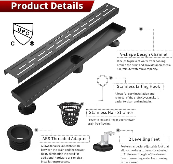 Sharp-tec Linear Shower Drain, 28 inch Shower Drain with Removable Pattern Cover, Matte Black 304 Stainless Steel Rectangle Floor Drain, Adjustable Feet and Hair Strainer Included (Model 101)