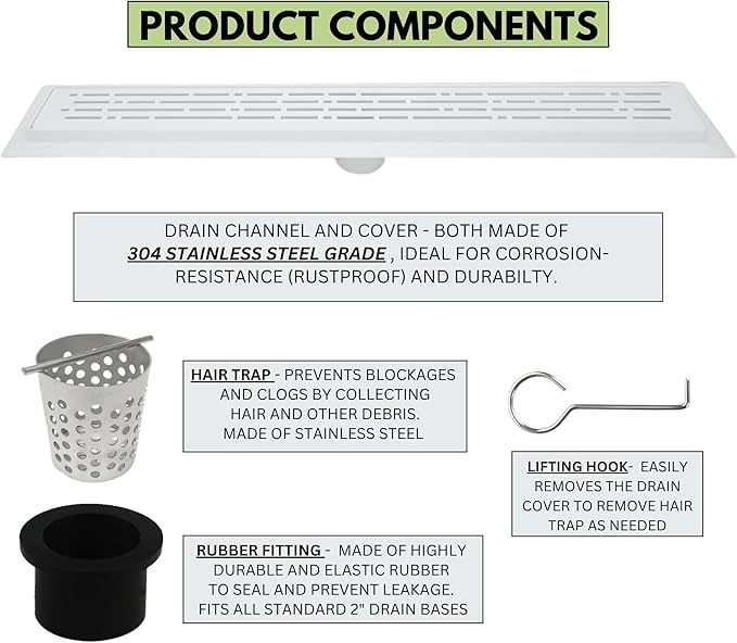 SereneDrains 304 Stainless Steel 40 Inch Matte White Shower Drain Kit Broken Lane Linear Shower Drains for Tile Floor Long Hair Catcher Strainer Grate Cover Bathroom (Matte White, 39 Inch)