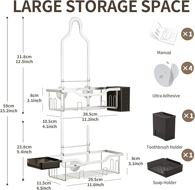 Shower Caddy Hanging 2-Tier Bathroom Organizer for Tall Showerhead with Soap Dish and Toothbrush Holder,Rustproof Over Shower Head Rack,Silver