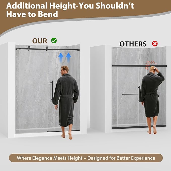 Frameless Glass Shower Door, 55-60" W x 76" H Sliding Frameless Shower Door, 1/4''(6mm) SGCC Tempered Glass, Explosion-Proof Film Nano Coating, Stainless Steel Hardware, Matte Black