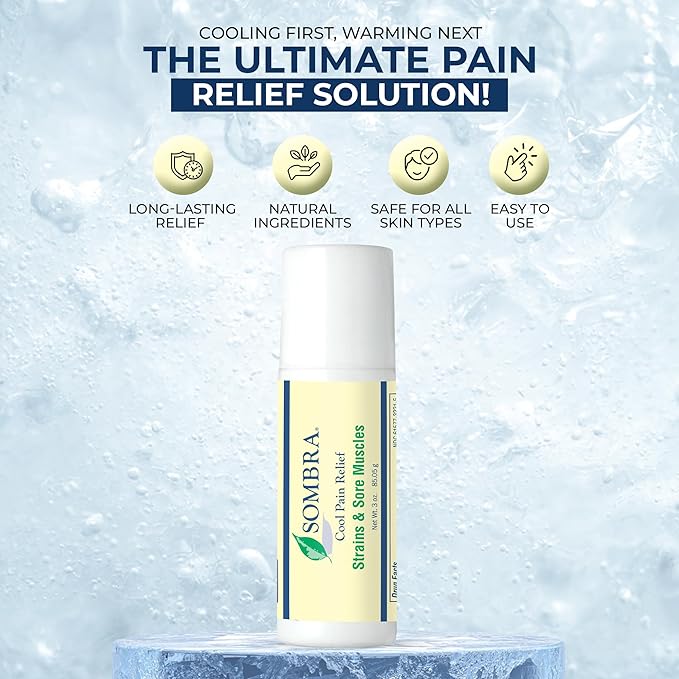 Sombra Cool Pain Relief Gel Cold Pain Relief for Swelling, Growing Pains, Soreness, Post-Workout, Vegan Formula Free of Artificial Fragrances, Dyes, NSAID, Wax, Petroleum, Alcohol - 3oz Roll-On