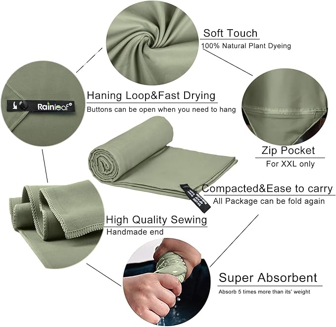 Rainleaf Microfiber Towel Perfect Travel & Gym & Camping Towel. Quick Dry - Super Absorbent - Ultra Compact - Lightweight. Suitable for Trip, Beach, Shower, Backpacking, Pool