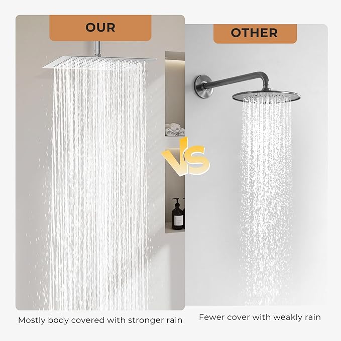 Rain Shower Head - 12 Inch High Pressure Shower Heads 304 Stainless Steel Ultra Thin Square Showerhead Pressure Boosting Design, Ceiling or Wall Mount, Chrome