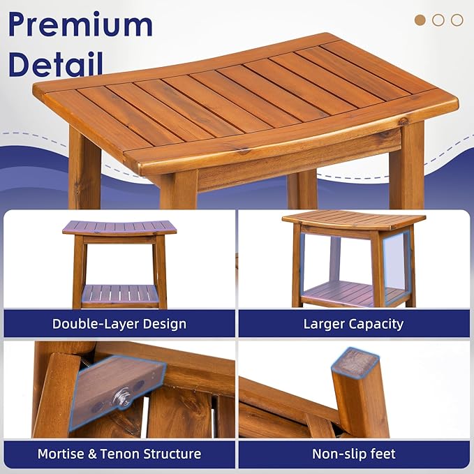 Teak Shower Bench, 20" Solid Wood Shower Stool Waterproof Shower Seat with Storage Shelf for Bathroom, Indoor & Outdoor Use
