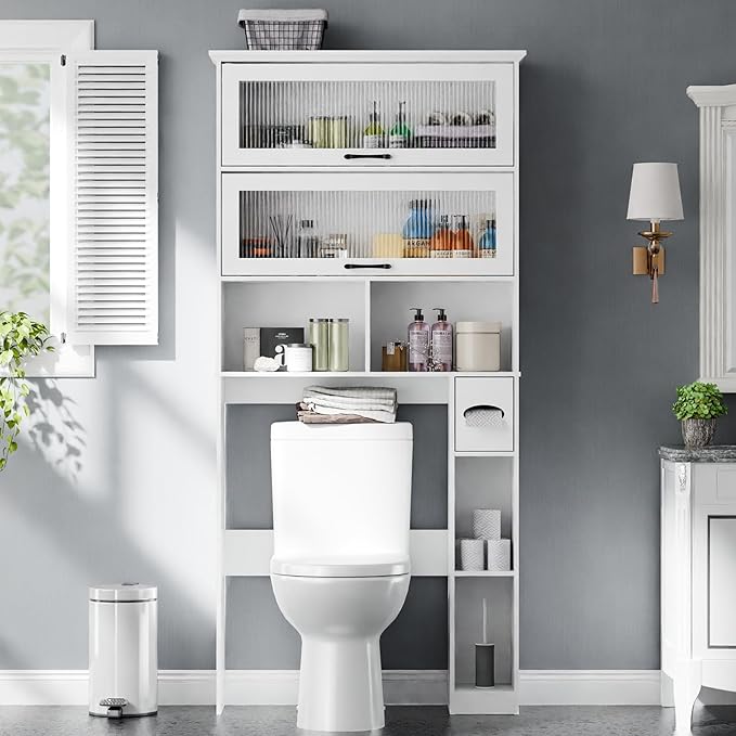 Vabches Over The Toilet Storage Cabinet with Transparent Door, Toilet Paper Storage Cabinet with Multi Layer Shelves Suitable for Bathroom, Laundry Room, Freestanding Bathroom Storage Rack, White