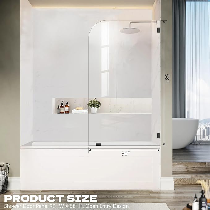Bathtub Shower Door, 30" W X 58" H Fixed Tub Glass Panel with Clamps, 1/4"(6mm) Clear Tempered Frameless Shower Glass Door, Tub Shower Doors in Matte Black
