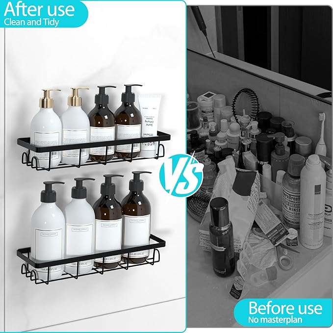 Shower Caddy Organizer with Hooks,Self Adhesive Bathroom Shelves,No Drilling Bathroom Organizers and Storage,Perfect for RV, Apartment, Home Decor,2 Pack Black