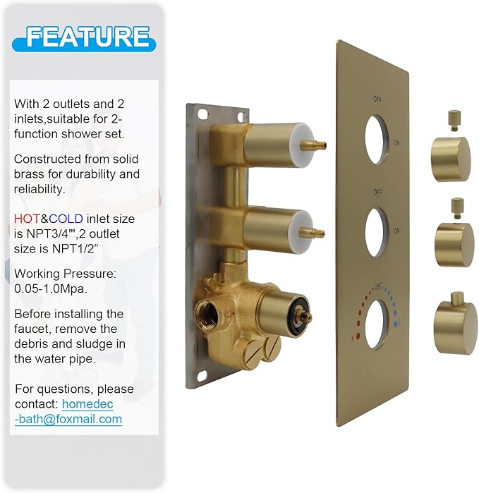 HOMEDEC 2 Way Shower Diverter Valve, Brass Dual Functions Thermostatic Shower Mixing Valve Kit 3 Handle Flow Control Valve, 3/4 Inch Inlet, Can Run Simultaneously(Brushed Gold)