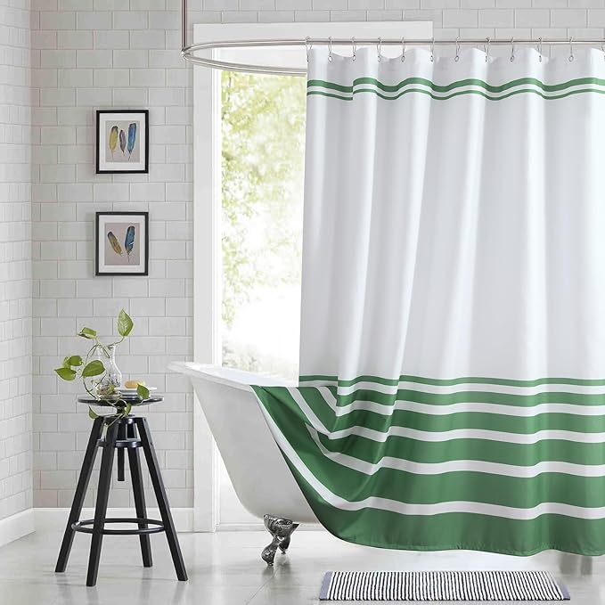 Green and White Striped Shower Curtain 72x78 Inches, Waterproof Fabric with Modern Gradient Lines, 12 Rustproof Grommets & Weighted Hem