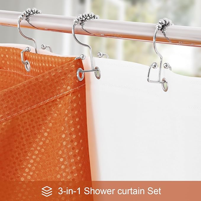3 in 1 Shower Curtain Set, Burnt Orange Waffle Shower Curtain and PEVA Liner Set with 12 Stainless Steel Shower Curtain Hooks, Waterproof Shower Curtains for Bathroom, 72 W x 72 H