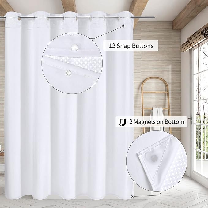 MitoVilla No Hooks Required Extra Long Shower Curtain Liner Set, 86 inch XL White Waffle Heavyweight Fabric Cloth Shower Curtains Set with Snap-in Liner for Modern Luxury Hotel & Spa Bathroom Decor