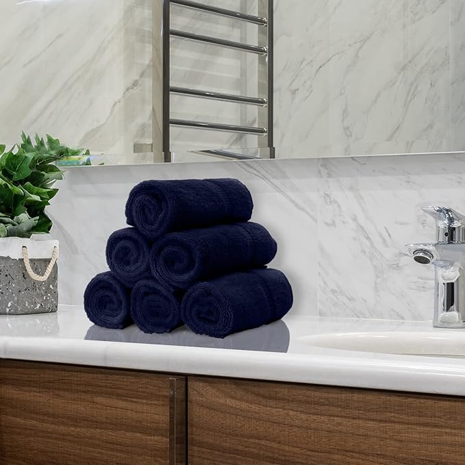 Monogrammed Hand Towel, Personalized Initial Gift, Extra Absorbent 100% Turkish Cotton - Soft Terry Finish - Set of 2 - White Block Initial H - Embroidered on Navy Blue Towels