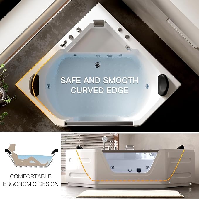 59 Inch Corner Jetted Tub - Luxury White Whirlpool Plastic Acrylic Bathtub with 7 Color Light Perfect for Couples' Relaxation and Wellness Home Spa, Ergonomical Designed Bathtub with Water Message