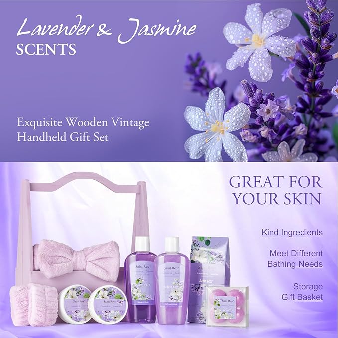Bath and Body Gift Basket Set for Women - Jasmine Christmas Gifts for Women, Spa Gift Basket 13-Piece Bath Gift Set, Gift Set for Ladies Body & Bath Gifts Set Lavender Gift Baskets For Mom