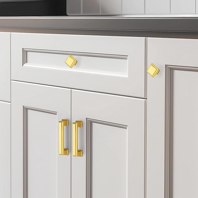Ravinte Hardware 10 Pack Kitchen Cabinet Pulls Square Drawer Single Hole Handles Brushed Brass for Cupboard Gold Dresser Solid