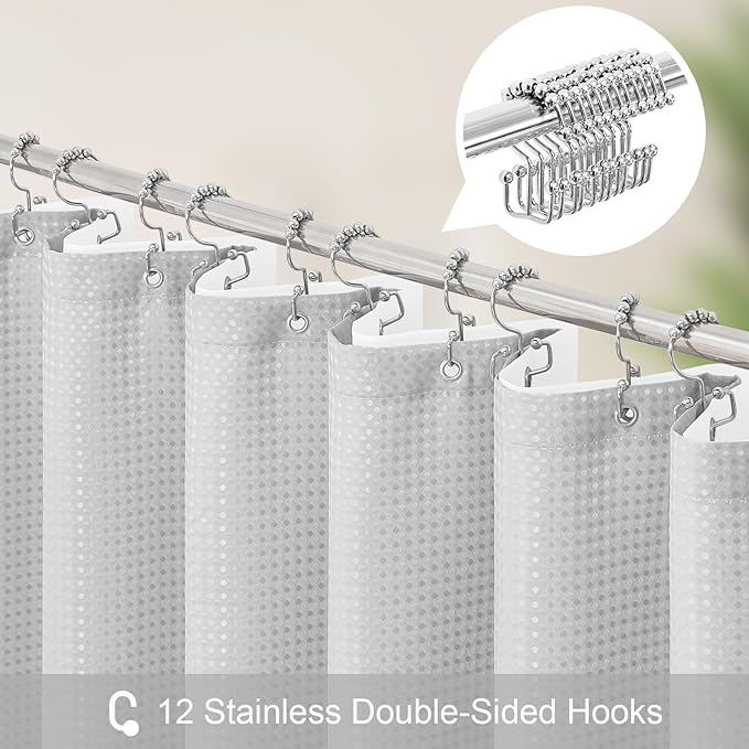 3 in 1 Stall Half Size Light Grey Shower Curtain Set-36 W x 72 H, Modern Waffle Waterproof Fabric and PEVA Liner Set with Stainless Steel Hooks