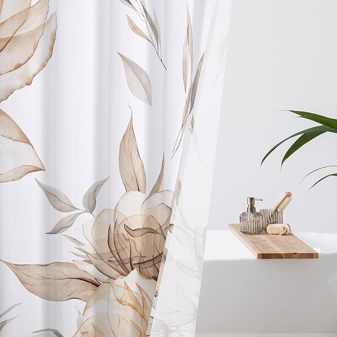 Extra Long Boho Watercolor Floral Shower Curtain 72 x 84, Light Brown and Grey Ink Painting Style Flower Shower Curtains for Chic Elegant Bathroom, Artistic XL Fabric Cloth Shower Curtain