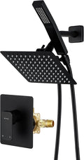 All Metal Shower Faucet Set, Dual Square Shower Head System with Handheld Wand, Diverter, Hose Complete Combo, Pressure Balance Rough-in Valve Included (Matte Black)
