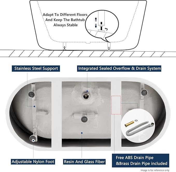 FerdY Nauru 67" Acrylic Freestanding Bathtub, Ergonomic Lightweight Classic Oval Soaking Bathtub with Toe-Tap Chrome Drain, Classic Slotted Overflow, Glossy White