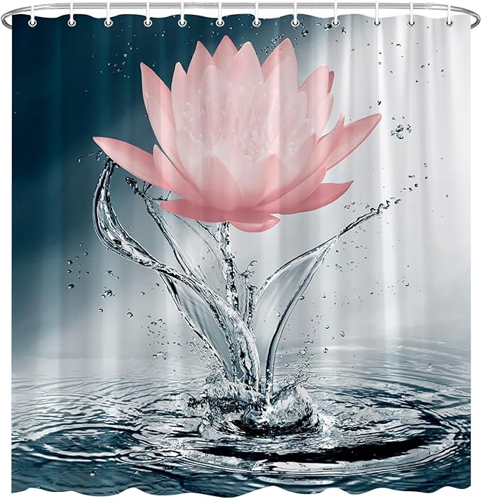 Lotus Shower Curtain Black White Blue Red Flower Elegant Blooming Floral with Dew Spring Flower Reflection on Water Modern Romantic Polyester Fabric Bathroom Decor 108×70 Inch with Hook