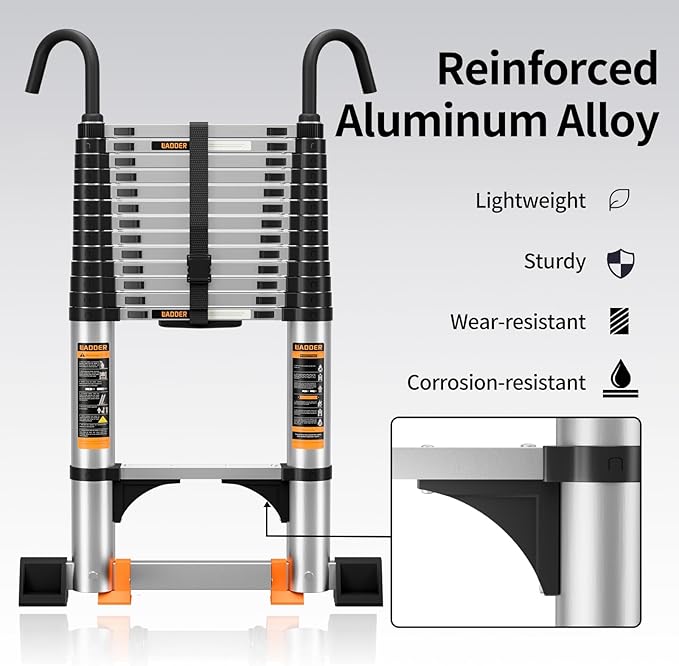 Telescoping Ladder,8.5FT Aluminum Multi-Purpose Collapsible Ladder with Stabilizers and Hooks,Jiashche Portable Extension Ladder for RV or Outdoor Work Silver,330lb Max Capacity