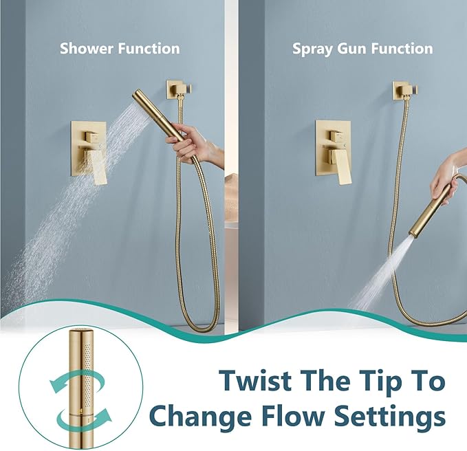 Aolemi Shower Faucet Set, High Pressure Shower System with 2-in-1 Handheld Sprayer, Wall Mount Fixture Combo with Rough-in Valve, 8 Inch Shower Head, Brushed Gold