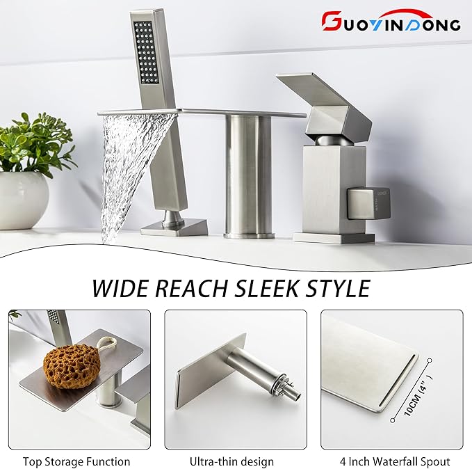 Waterfall Roman Tub Faucet with Sprayer, Deck Mount Tub Faucet Single Handle 3 hole Roman Tub Faucet High Flow Bathtub Faucet Set, Brushed Nickel