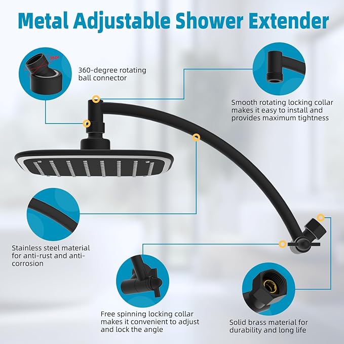 Rain Shower Head with 12" Shower Head Extension Arm, 10" High Pressure Boosting Rainfall/Fixed Showerhead 2.5 GPM, Metal Shower Arm Extender Adjustable Height Angle, Easy Installation, Matte Black